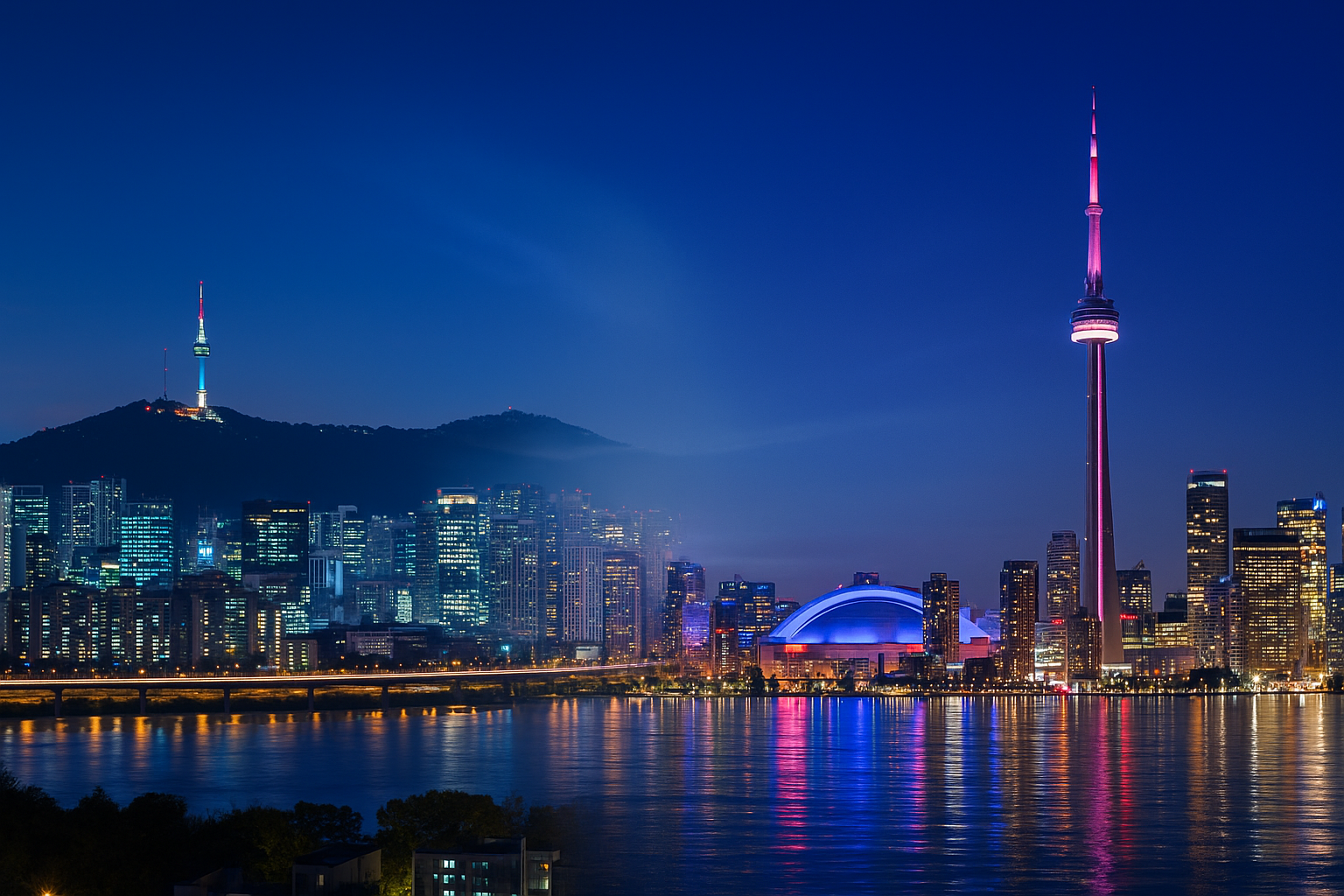 A panoramic night view combining Seoul’s illuminated skyline with Namsan Tower and Han River lights on the left, and Toronto’s CN Tower and downtown skyscrapers glowing by Lake Ontario on the right.
