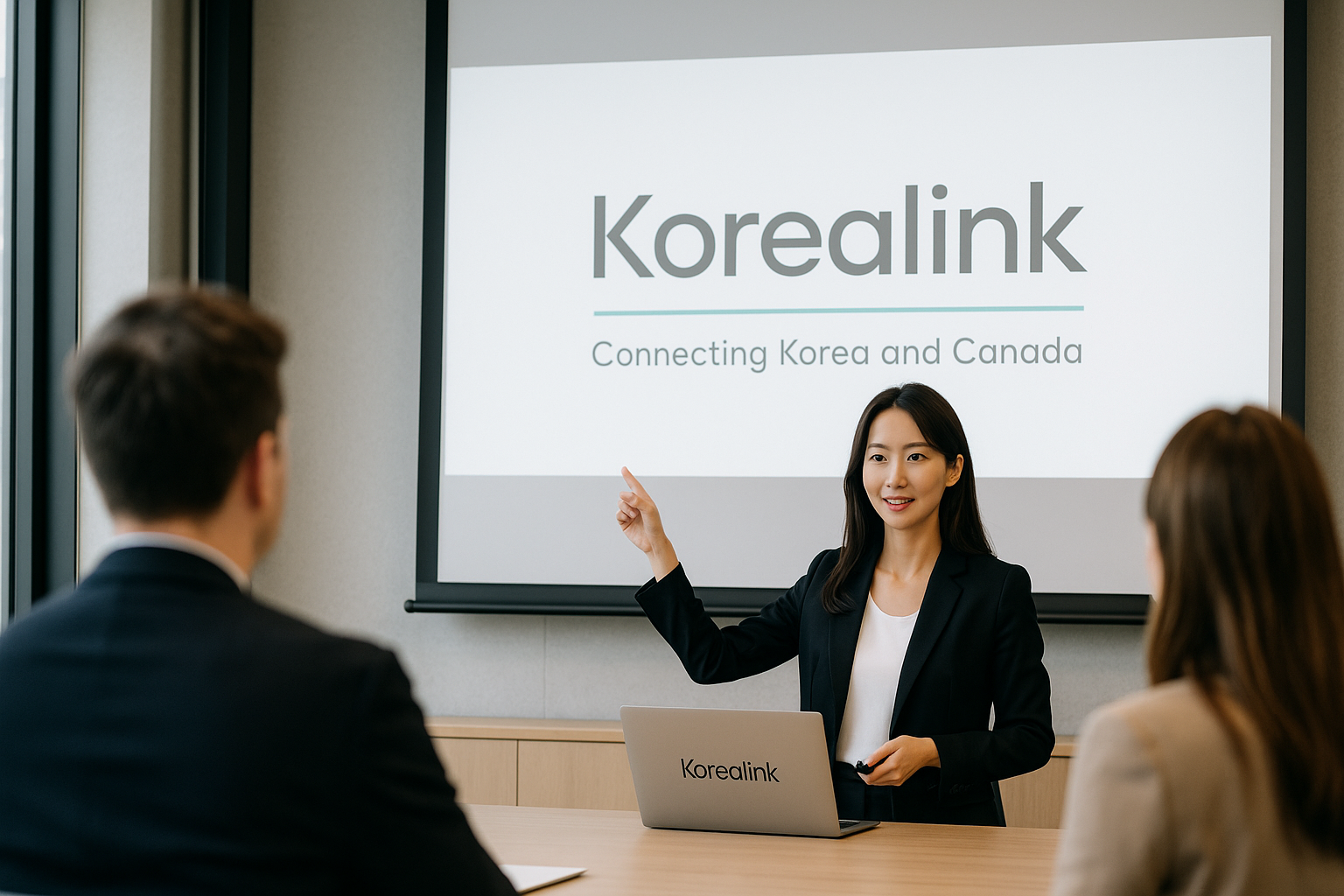A professional businesswoman giving a presentation, pointing to a screen displaying the Korealink logo with the slogan “Connecting Korea and Canada.”